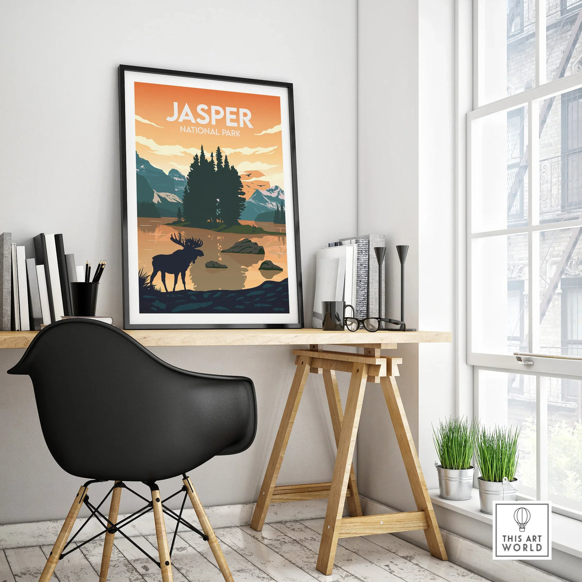 Jasper National Park travel poster with moose on modern office desk, nature wall art decor