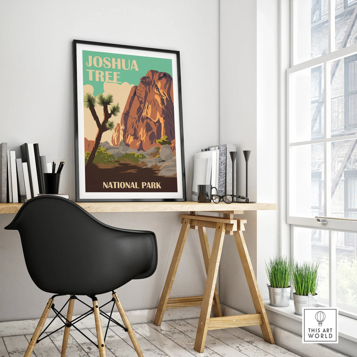 Joshua Tree National Park travel poster in black frame on modern office desk by window
