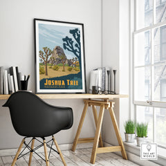 Framed Joshua Tree National Park travel poster on modern office desk, minimalist decor