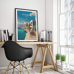 Kalamata Greece Wall Art Print | Mediterranean Seaside Town Travel Poster displayed in a modern workspace.