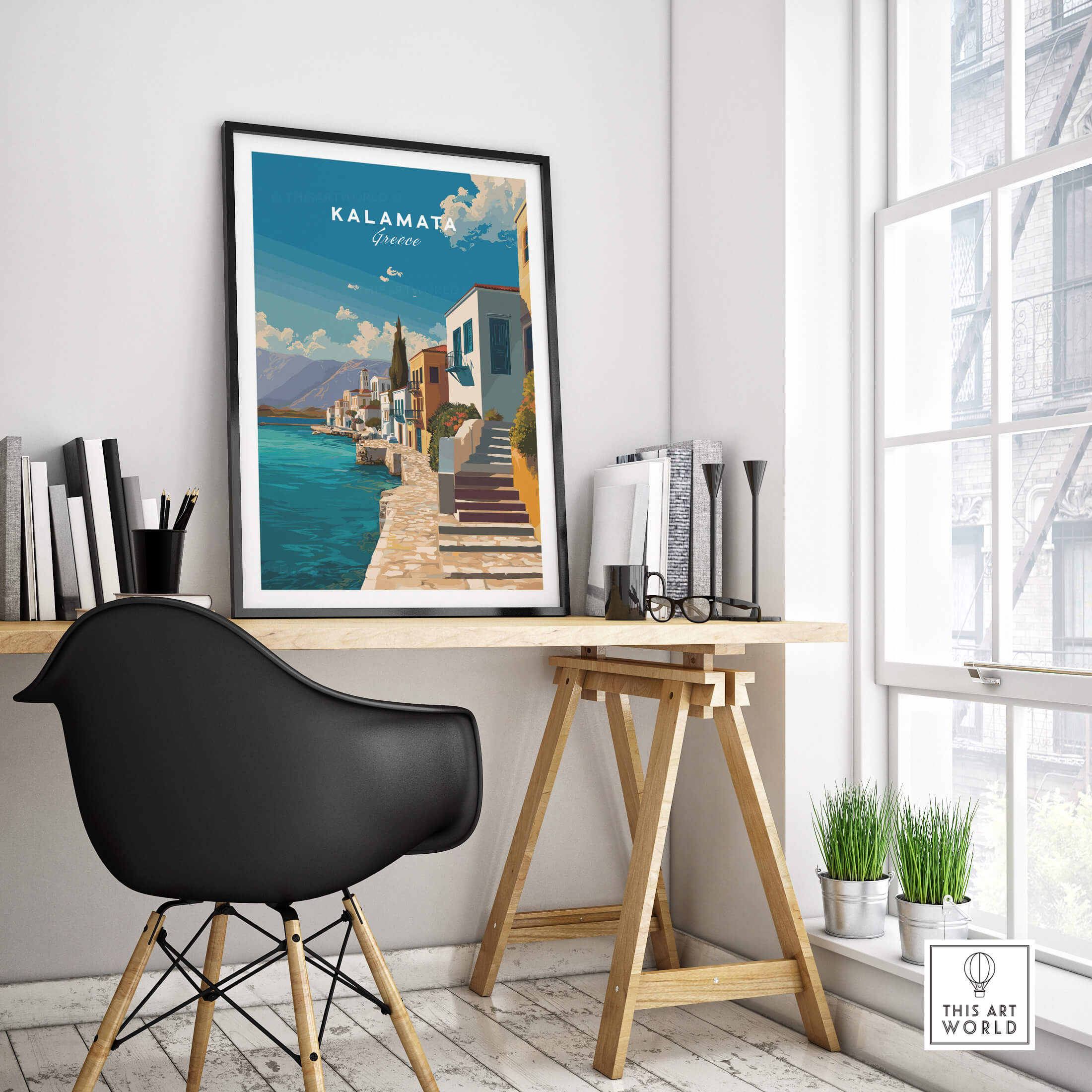 Kalamata Greece Wall Art Print | Mediterranean Seaside Town Travel Poster displayed in a modern workspace.