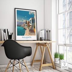 Kalamata Greece Poster | Greek Coastal Canvas Print displayed in a stylish workspace with modern decor.