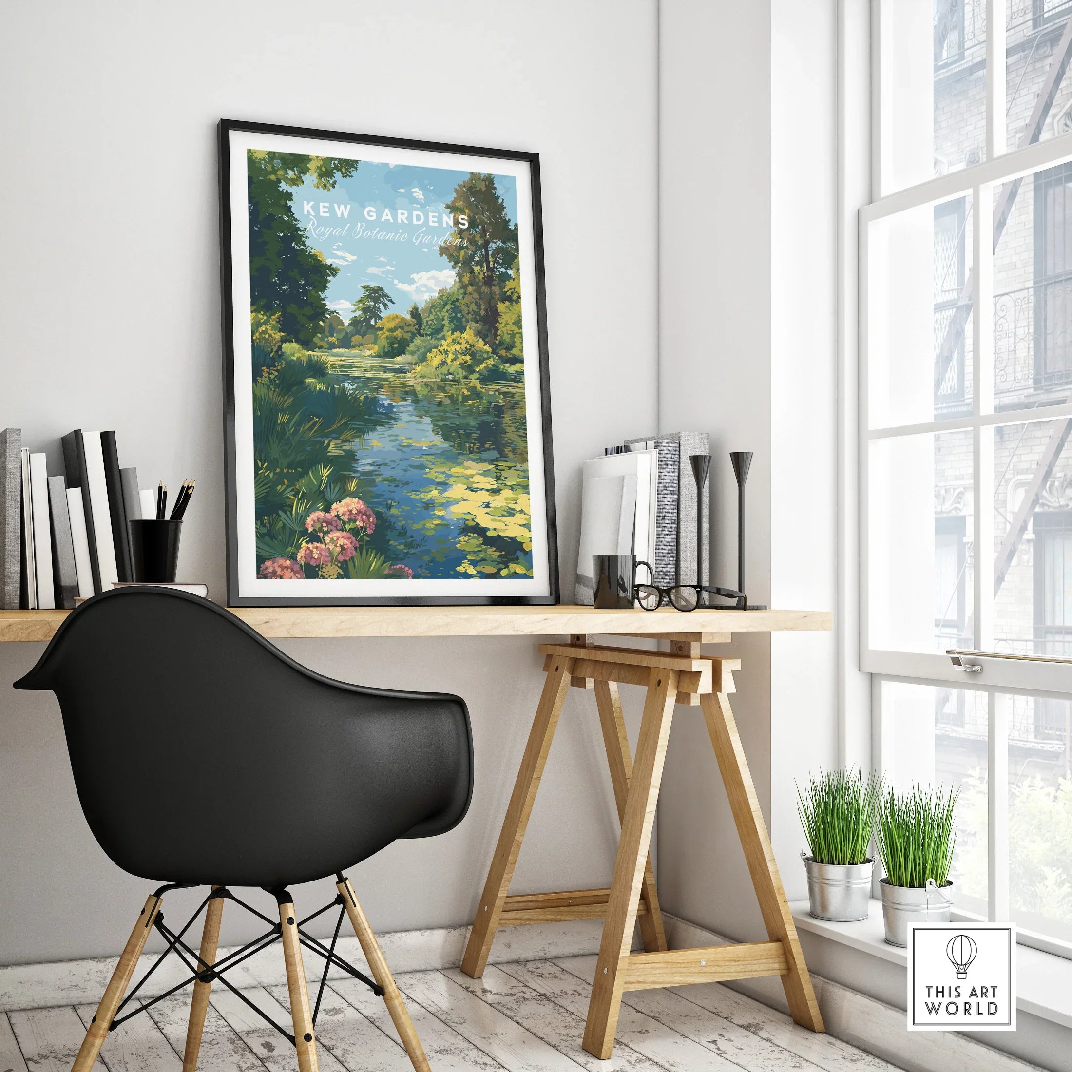 Framed Kew Gardens travel poster on modern office desk, minimalist home decor scene