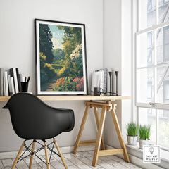 Framed Kew Gardens travel poster on modern office desk, stylish home decor setting