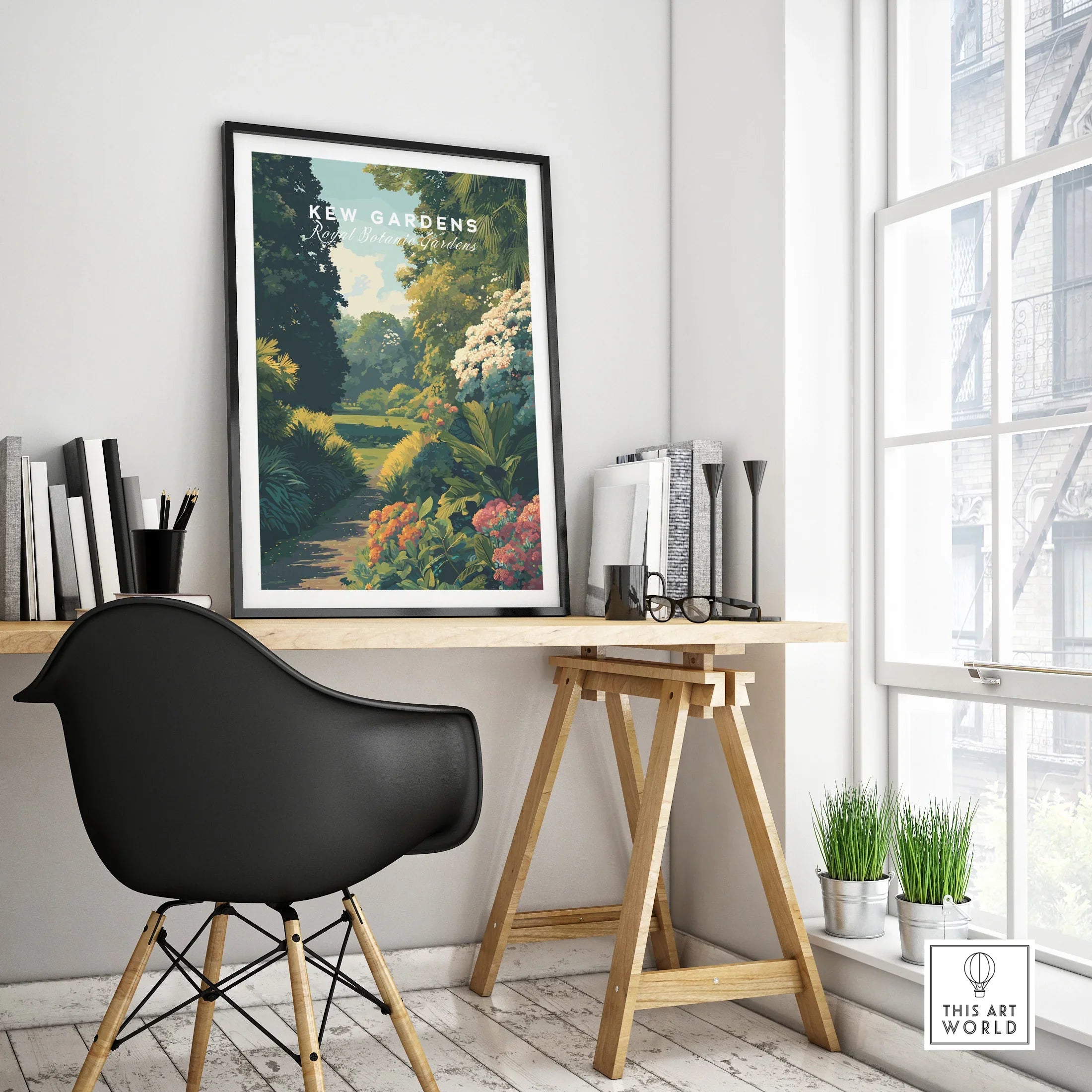 Framed Kew Gardens travel poster on modern office desk, stylish home decor setting