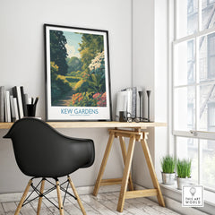 Framed Kew Gardens travel poster on modern office desk, minimalist home decor with plants
