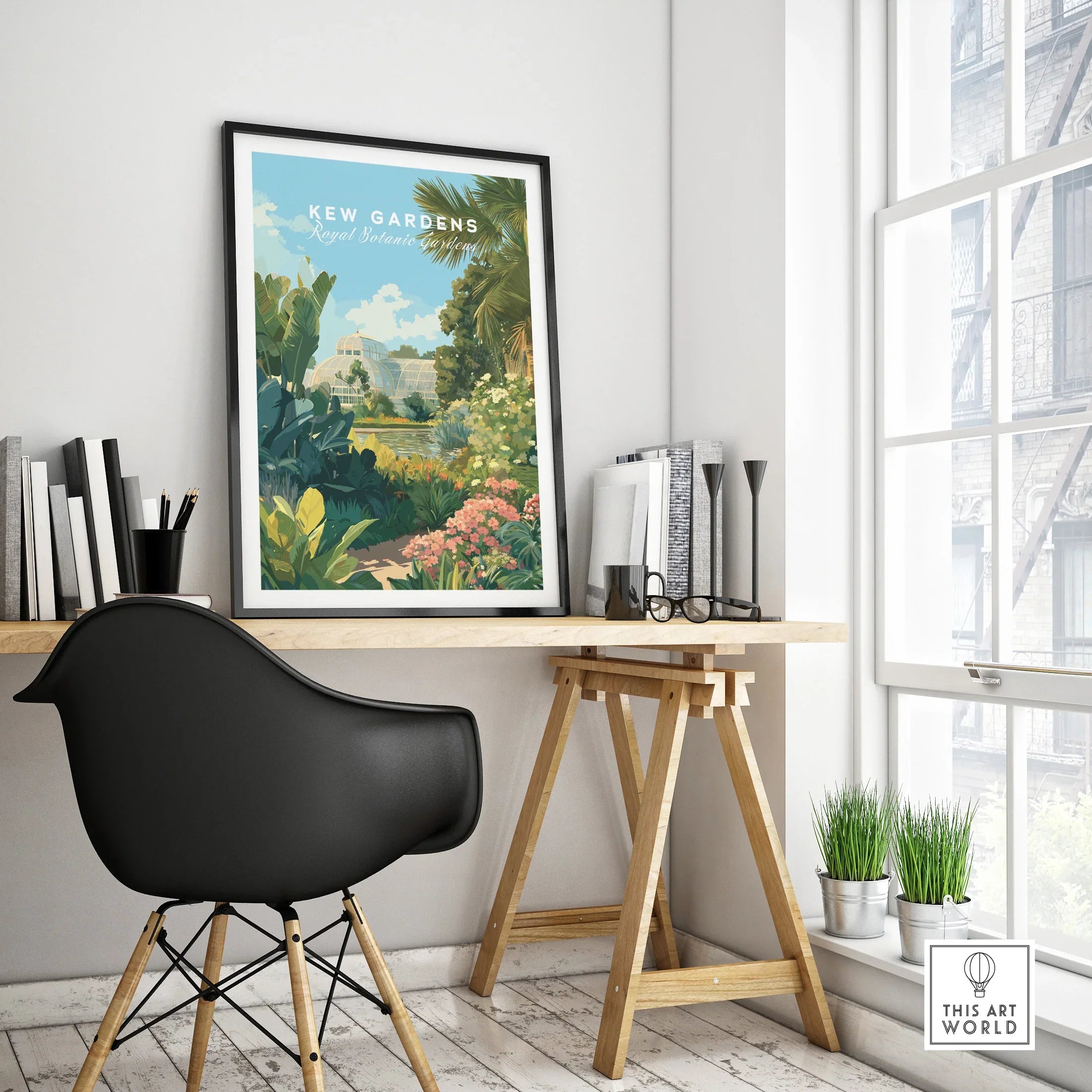 Kew Gardens framed travel poster on modern office desk with black chair and large window