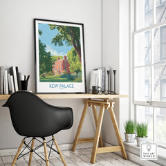 Framed Kew Palace travel poster on modern office desk, city wall art home decor