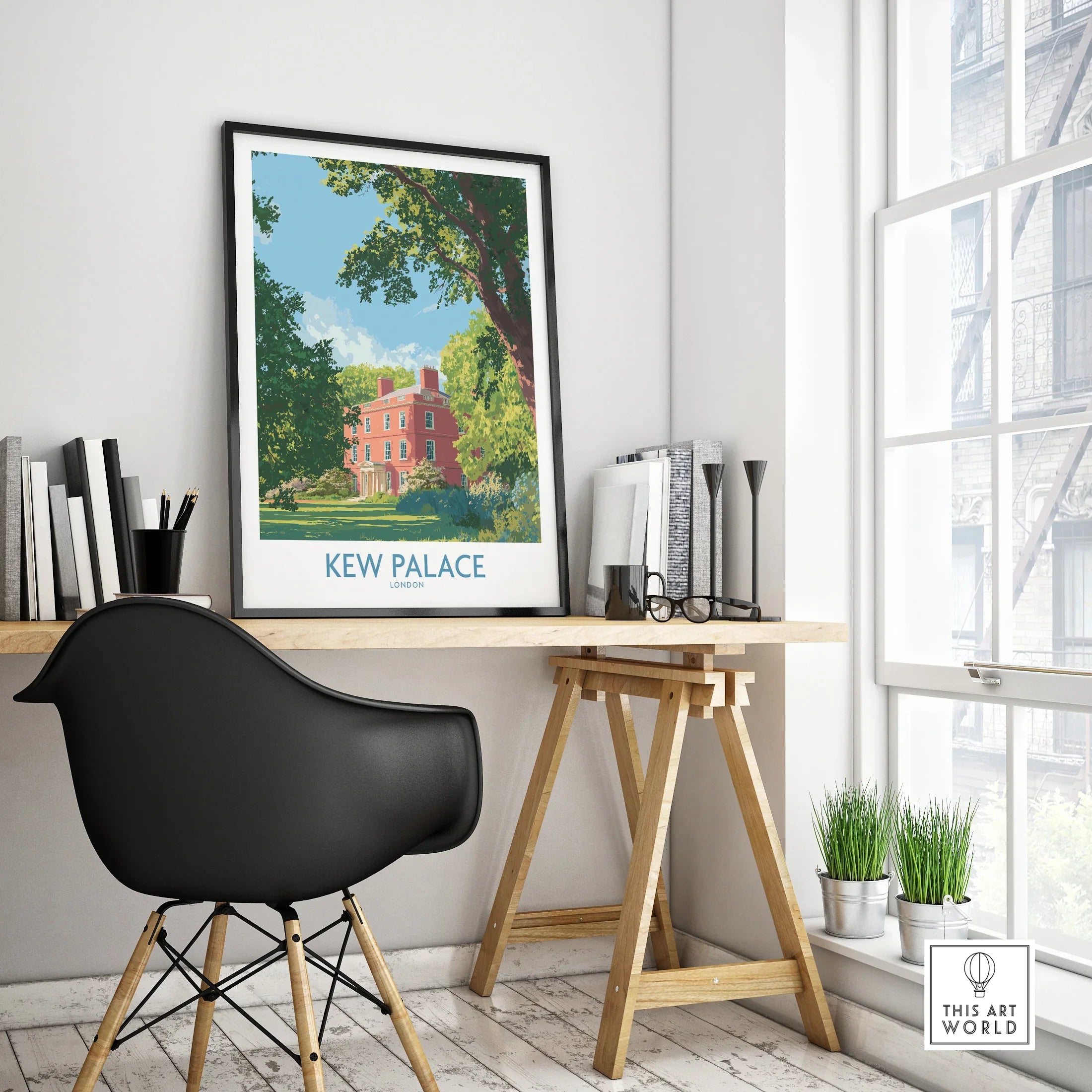 Framed Kew Palace travel poster on modern office desk, city wall art home decor
