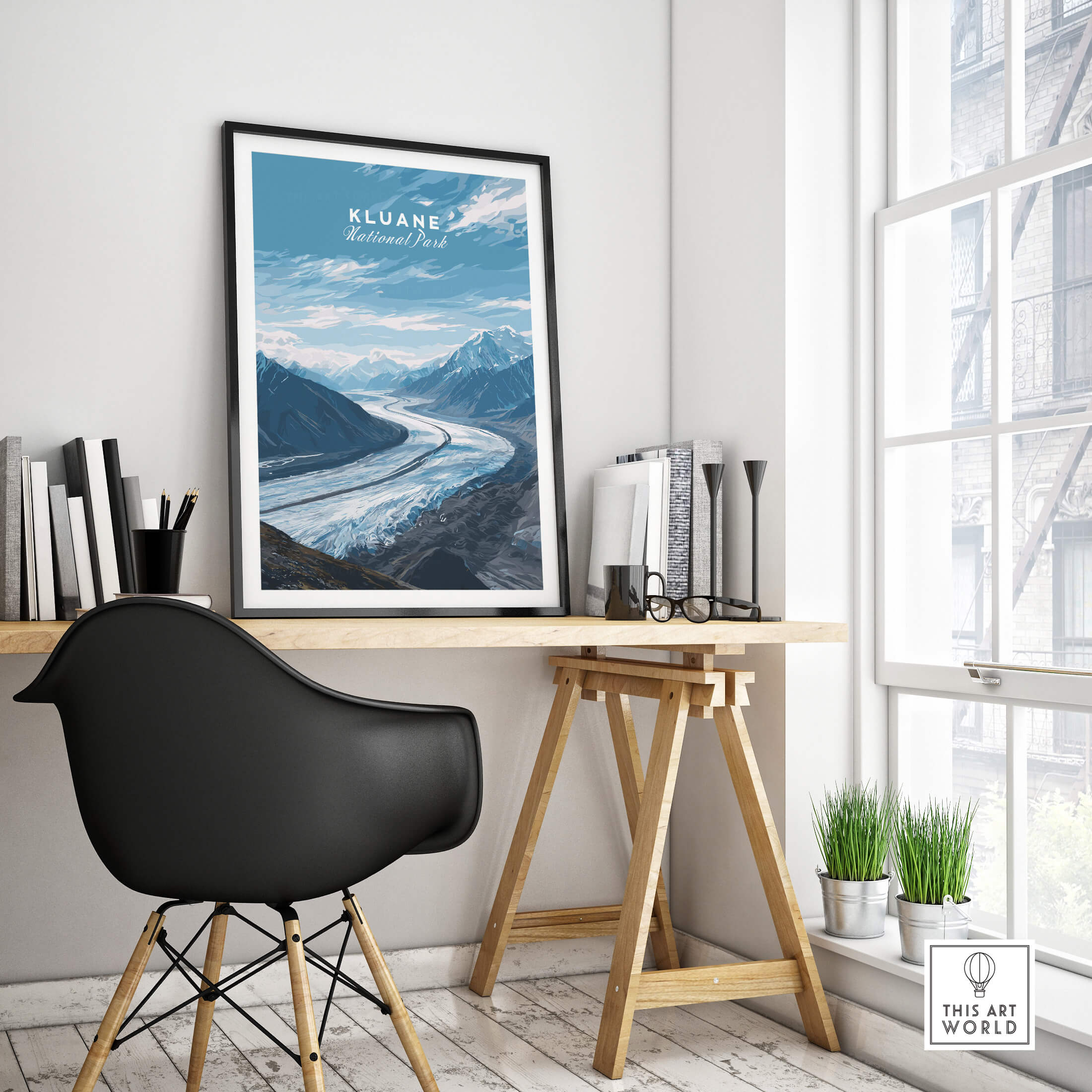 Kluane Wall Art Print National Park Canada | Yukon Glacier Landscape Travel Poster displayed in a modern workspace.