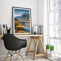 Kluane Travel Poster National Park Canada | Yukon Valley Wall Art Print displayed in a modern home office.