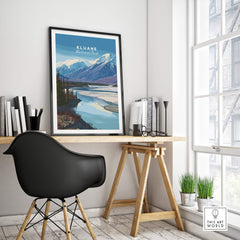 Kluane National Park Canada Wall Art Print | Scenic Yukon River Travel Poster hanging in a stylish office workspace.