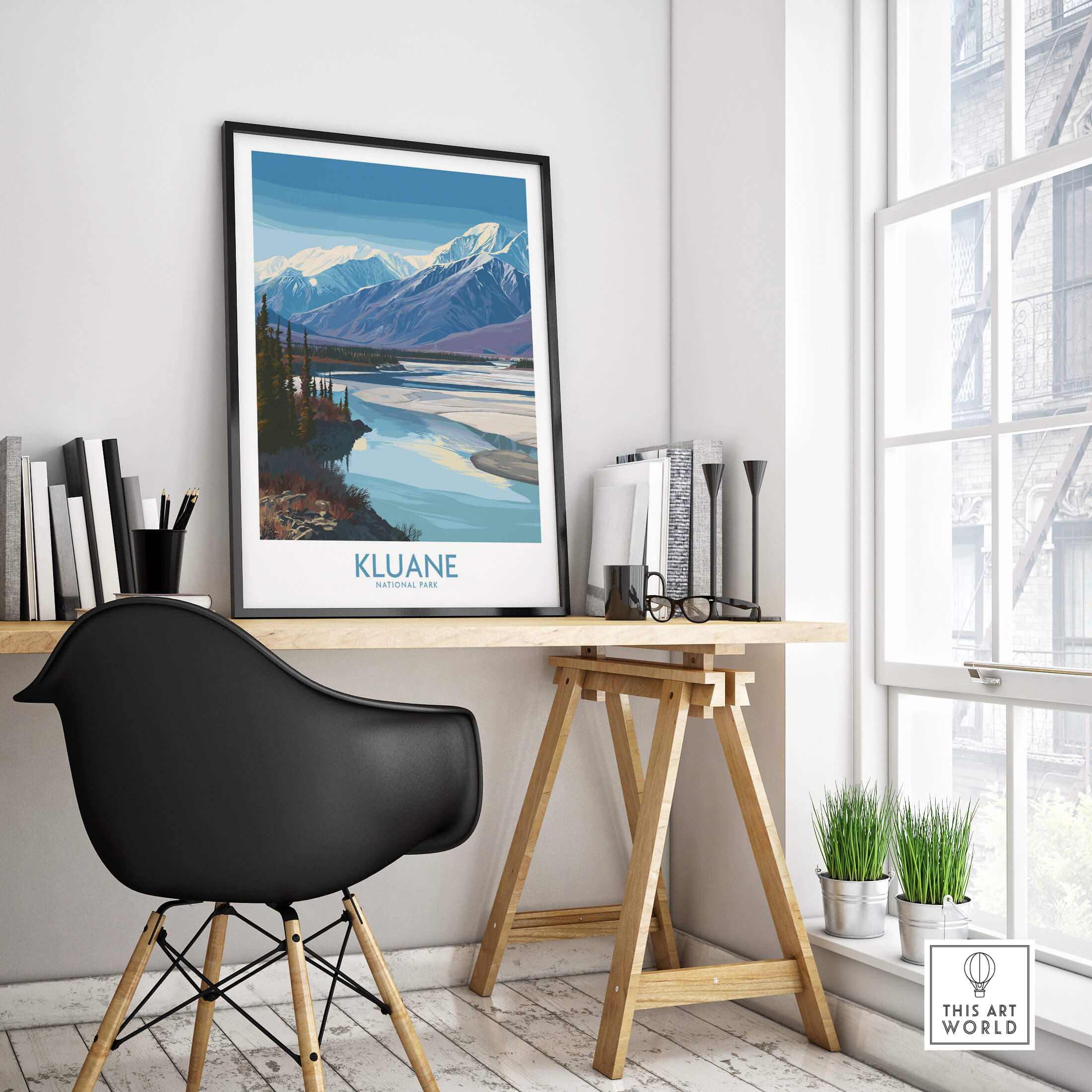 Kluane National Park Canada Poster | Blue Glacier Water Landscape Canvas Print displayed in a stylish modern workspace.