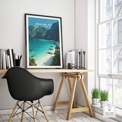Koh Phi Phi Thailand Travel Poster | Maya Bay Tropical Beach Wall Art Print displayed in a stylish interior setting.