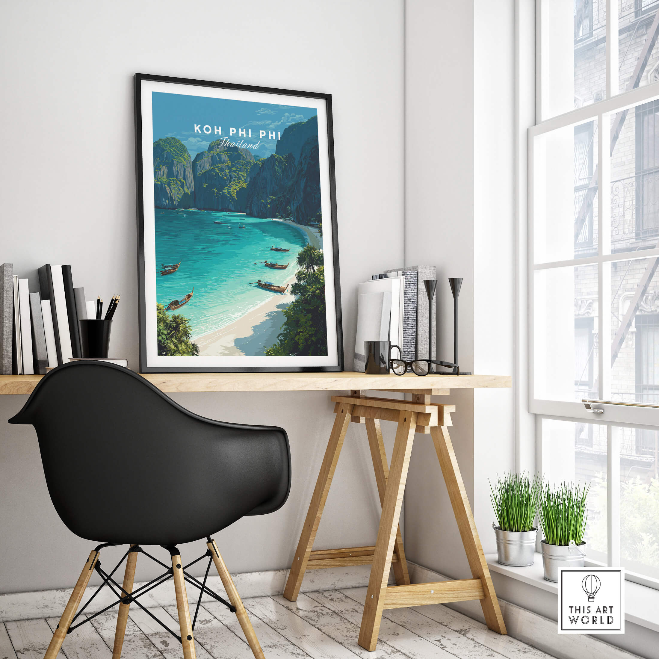 Koh Phi Phi Thailand Travel Poster | Maya Bay Tropical Beach Wall Art Print displayed in a stylish interior setting.