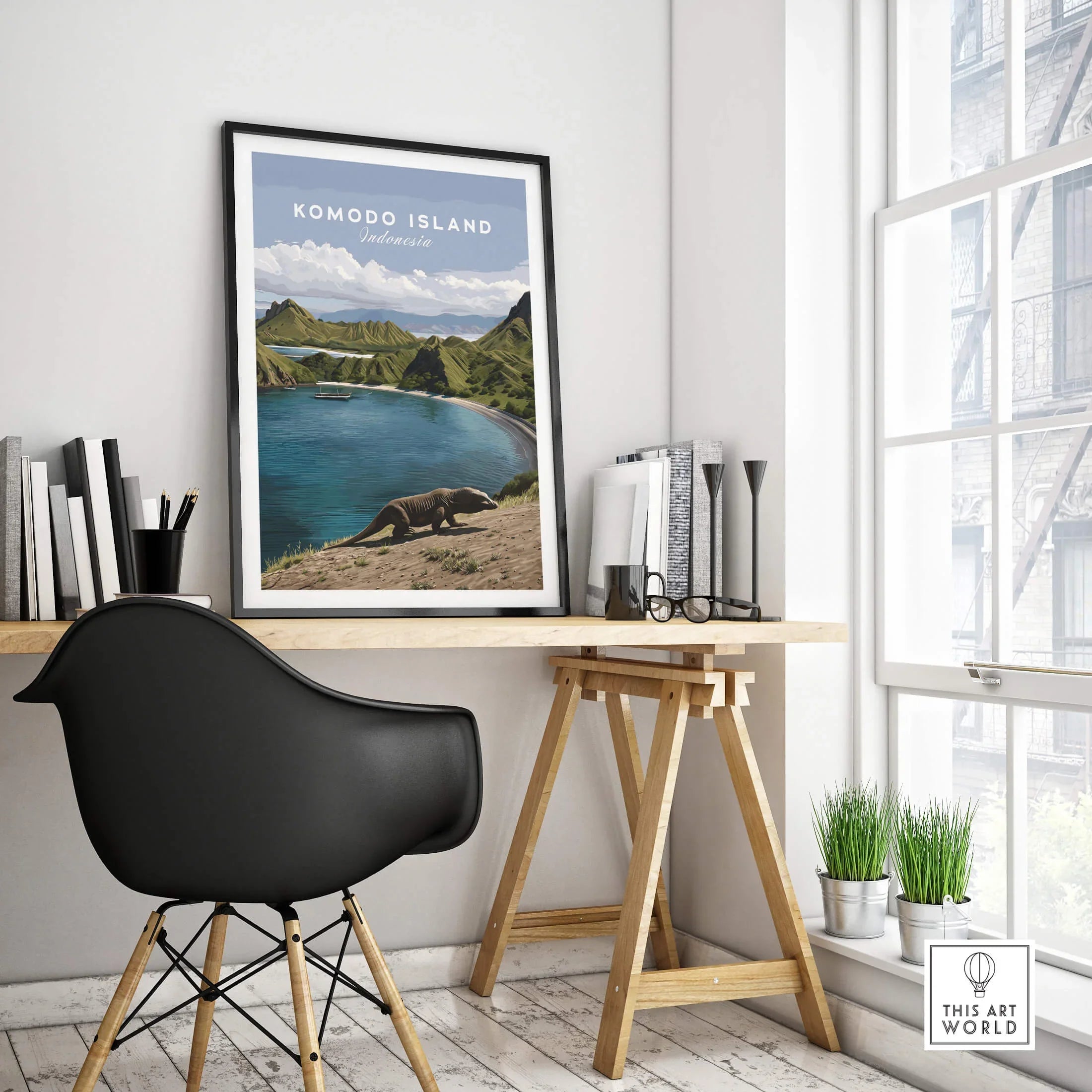 Komodo Island travel poster in black frame on modern office desk, minimalist decor, natural light