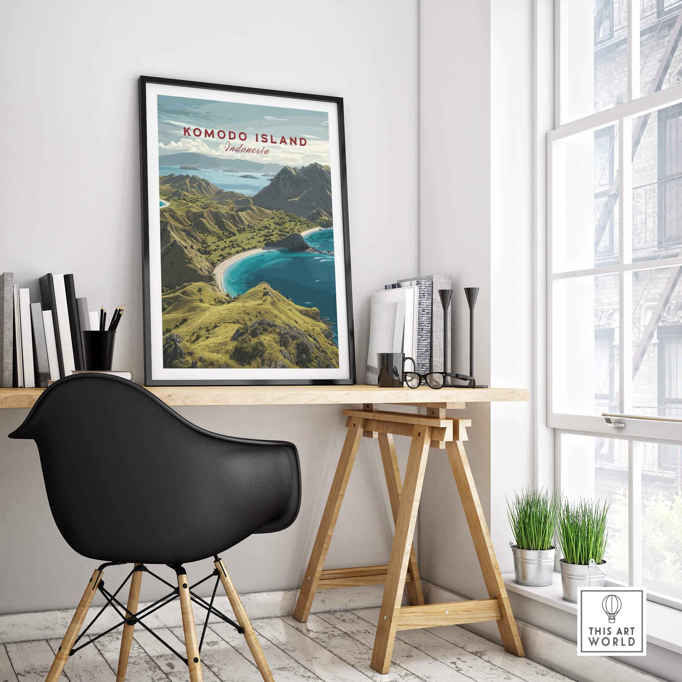 Komodo Island travel poster in black frame on modern office desk by window