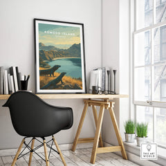 Komodo Island travel poster in black frame on modern office desk, natural light, home decor