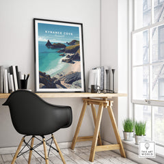 Kynance Cove Cornwall Wall Art Print | British Coastline Landscape Travel Poster displayed in a stylish home office.