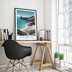 Kynance Cove Cornwall Poster | Scenic Sea Cliffs & Beach Canvas Print displayed in a modern home office setting.