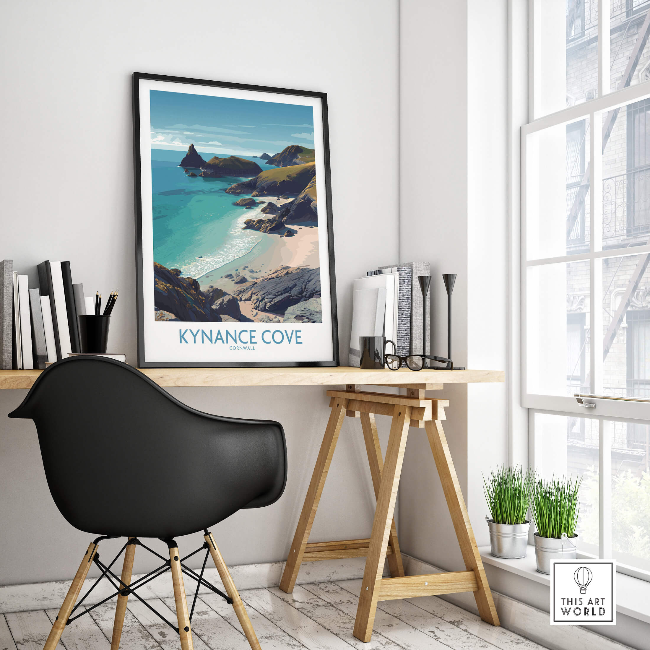 Kynance Cove Cornwall Poster | Scenic Sea Cliffs & Beach Canvas Print displayed in a modern home office setting.