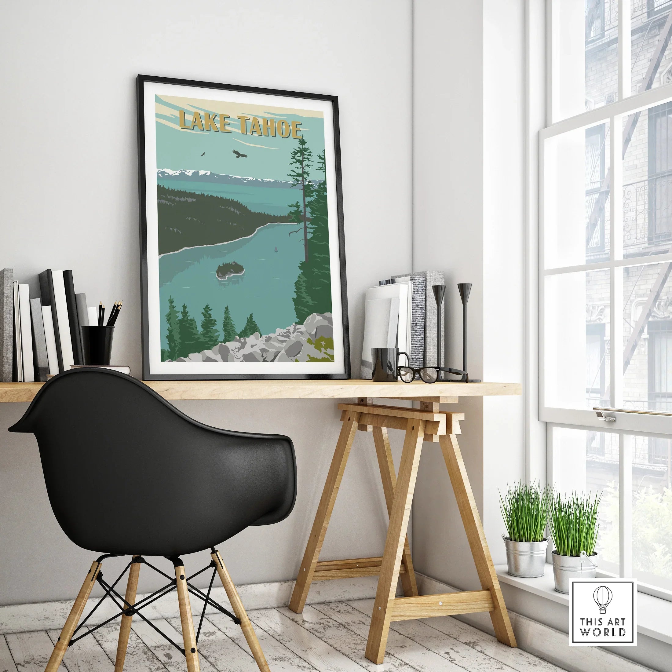 Framed Lake Tahoe travel poster on modern office desk, Scandinavian decor, wall art print