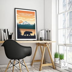 Framed Lassen Volcanic National Park poster on modern office desk with black chair