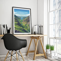 Framed Llanberis Pass travel poster on modern office desk, minimalist home decor