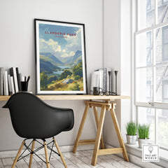 Llanberis Pass travel poster in black frame on modern office desk, minimalist home decor