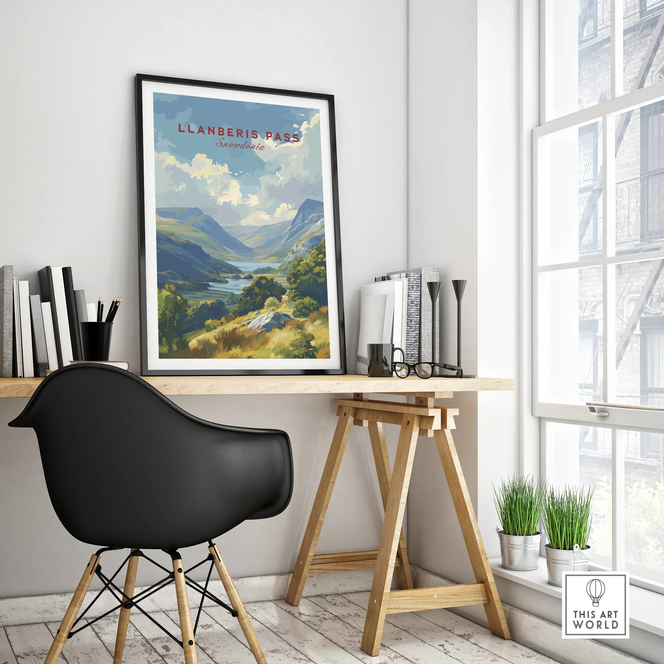 Llanberis Pass travel poster in black frame on modern office desk, minimalist home decor