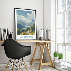 Llanberis Pass travel poster in black frame on modern office desk, mountain wall art decor