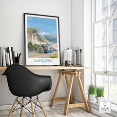 Framed Llandudno Wales travel poster on modern office desk, minimalist home decor