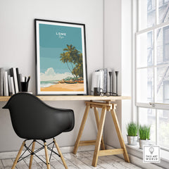 Lomé Togo Travel Posters | West African Beach & Palms Wall Art Print in a modern interior with desk and plants.