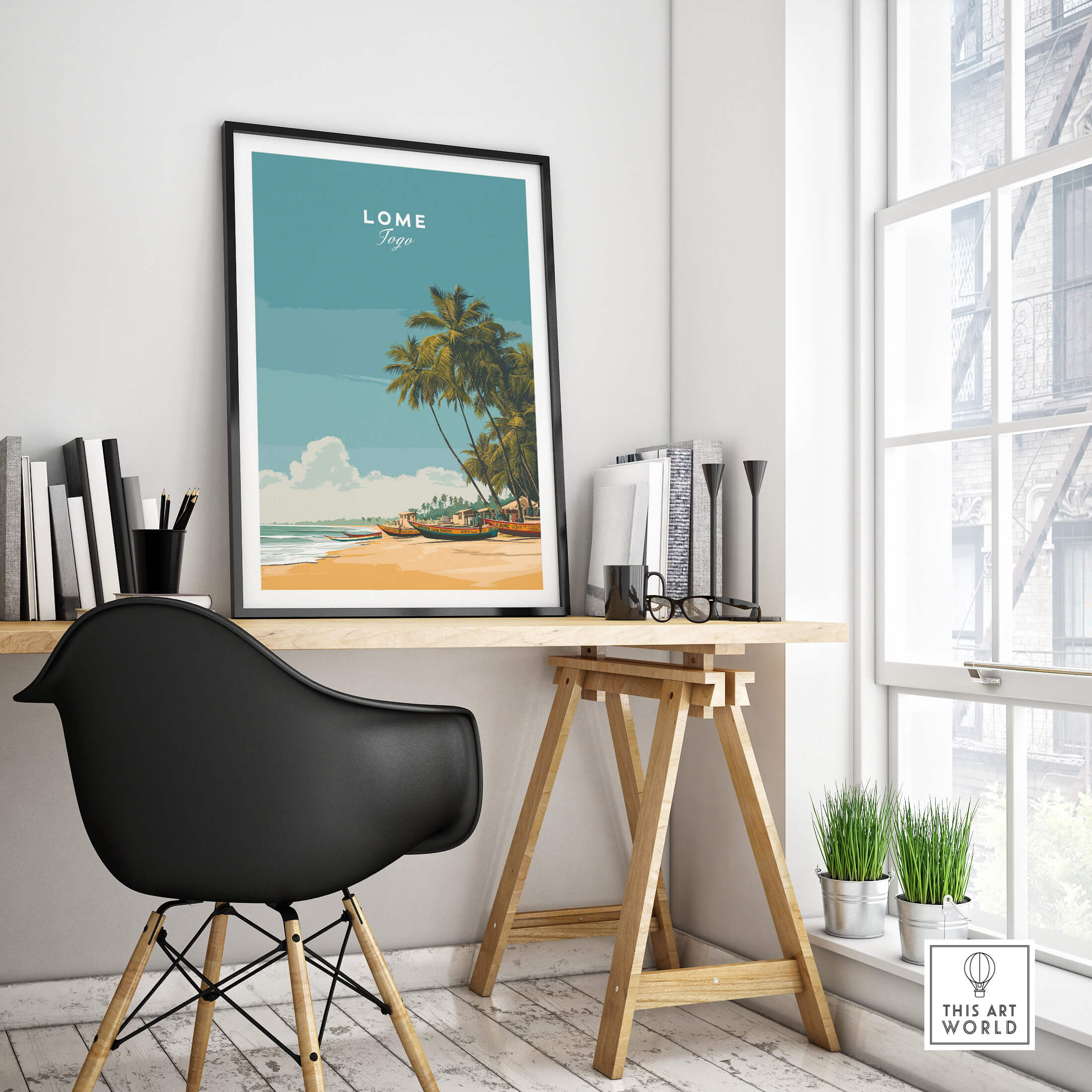 Lomé Togo Travel Posters | West African Beach & Palms Wall Art Print in a modern interior with desk and plants.