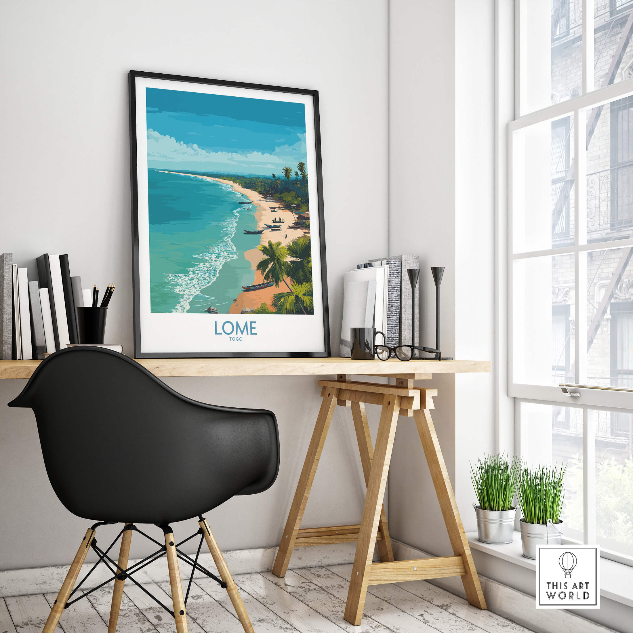 Lomé Togo Poster | West African Coastline Canvas Print displayed in a modern workspace interior.