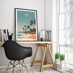 Lome Togo Poster Print Africa displayed in a stylish workspace, showcasing a coastal scene with palm trees.