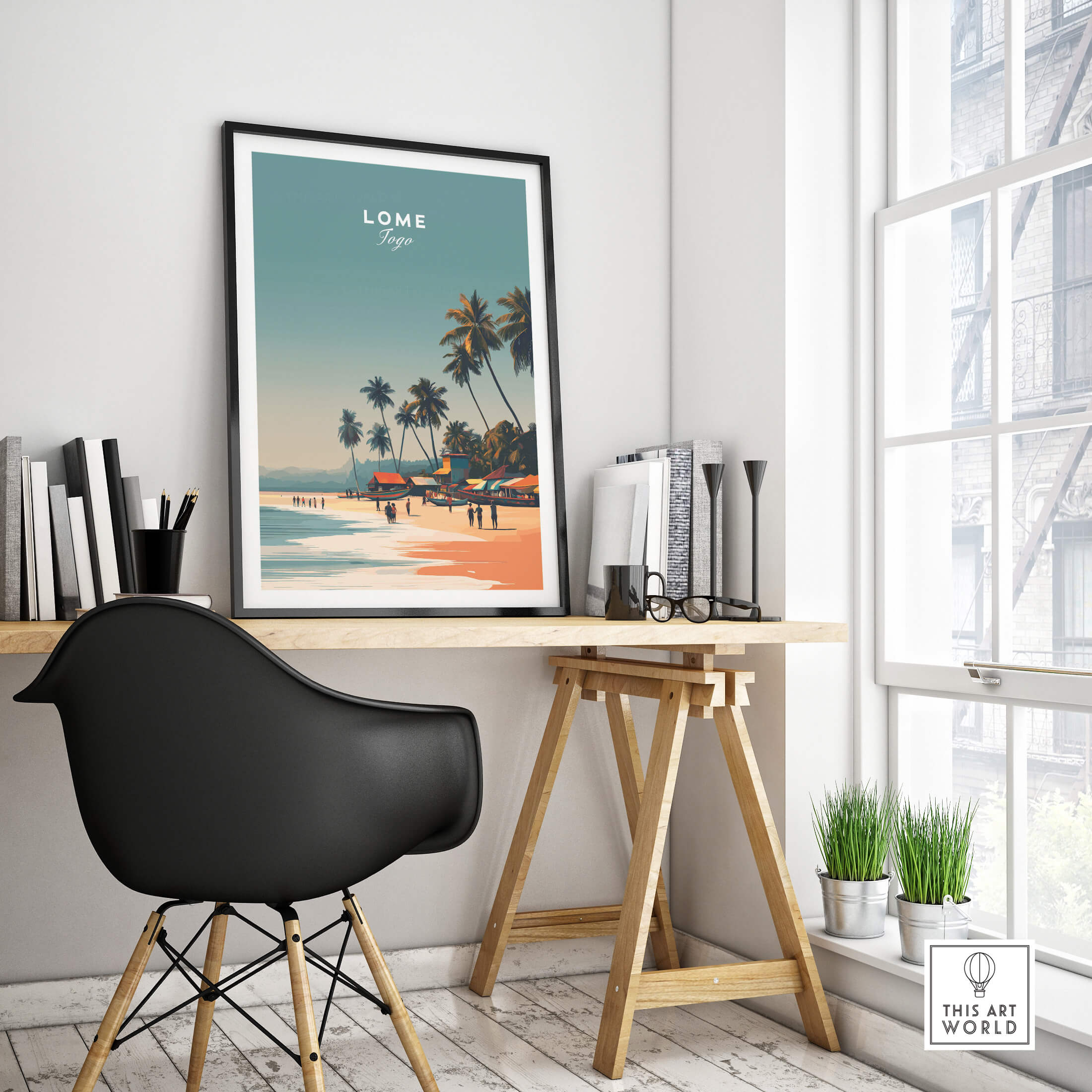 Lome Togo Poster Print Africa displayed in a stylish workspace, showcasing a coastal scene with palm trees.