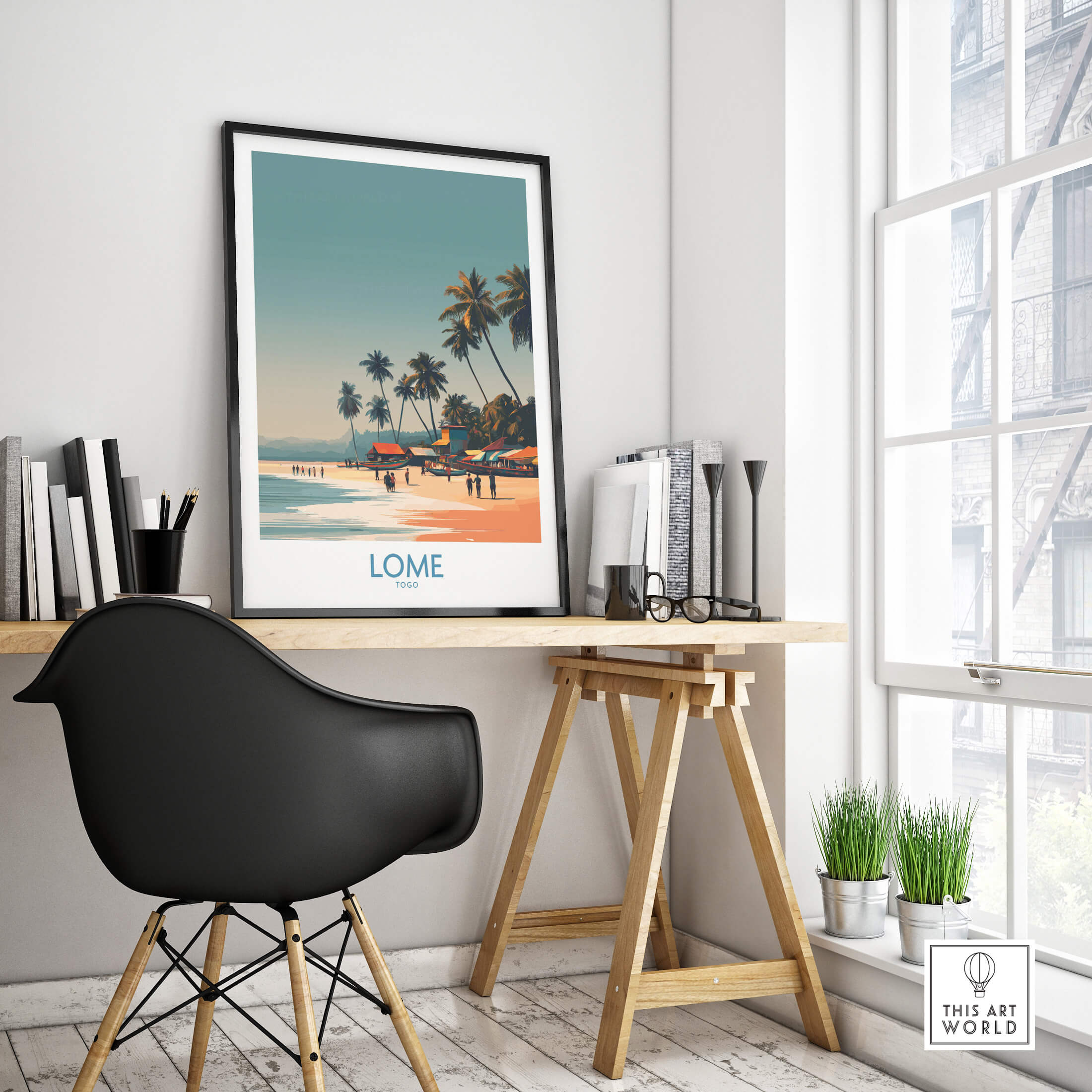 Lome Wall Art Print Africa Travel Poster displayed in a stylish interior setting, showcasing vibrant colors and tropical scenery.