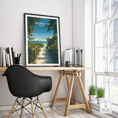 Lovers Key Florida Wall Art Print | State Park Beach Travel Poster in a modern office setting with plants.