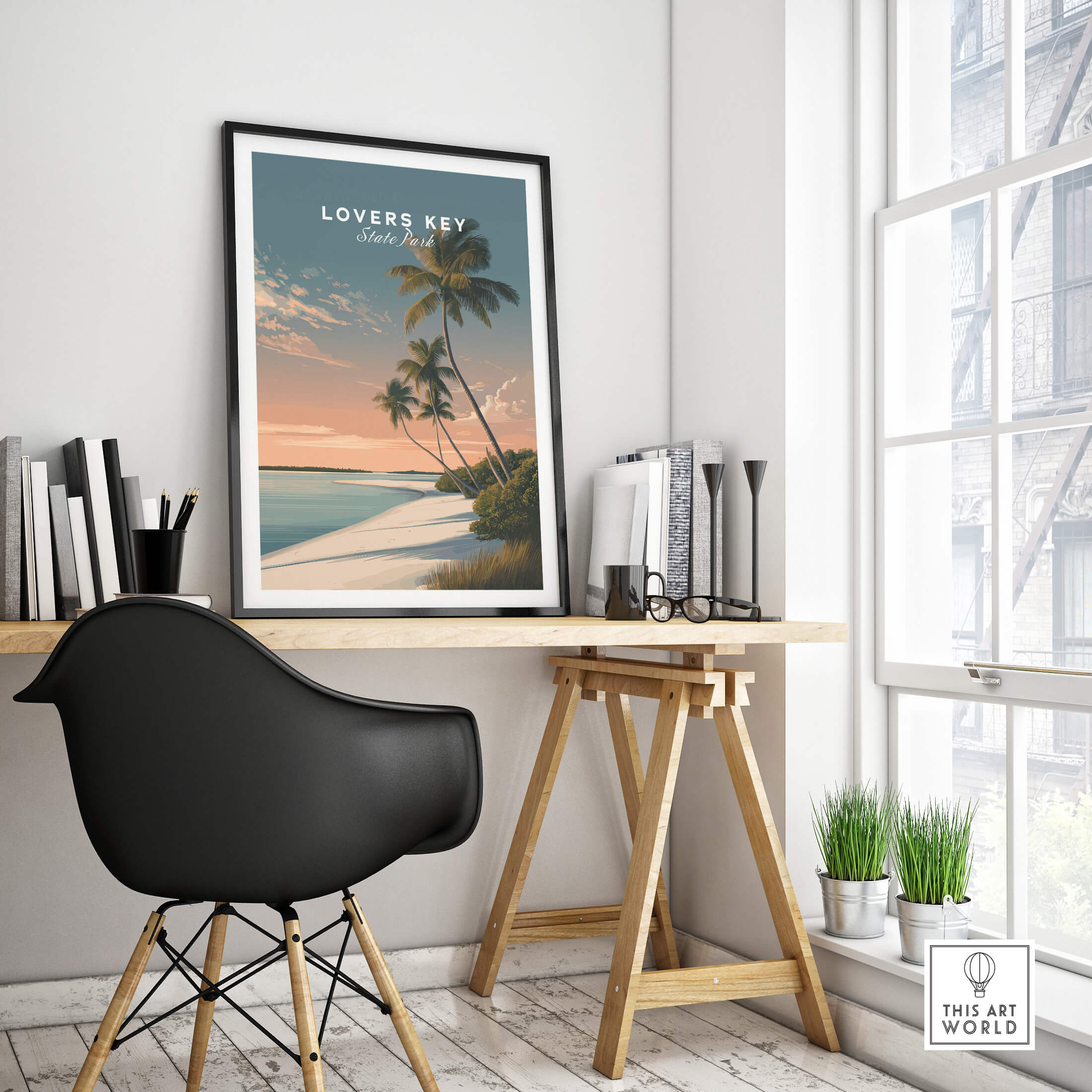 Lovers Key Travel Poster | Florida Sunset Palm Trees Wall Art Print displayed in a modern workspace setting with natural light.