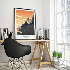 Acadia National Park travel poster with lighthouse, sunset, and forest on office desk