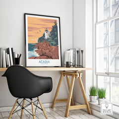 Acadia National Park framed travel poster on modern office desk, sunset lighthouse scene