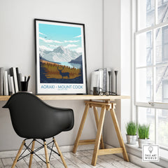 Aoraki Mount Cook travel poster in black frame on modern office desk, minimalist home decor