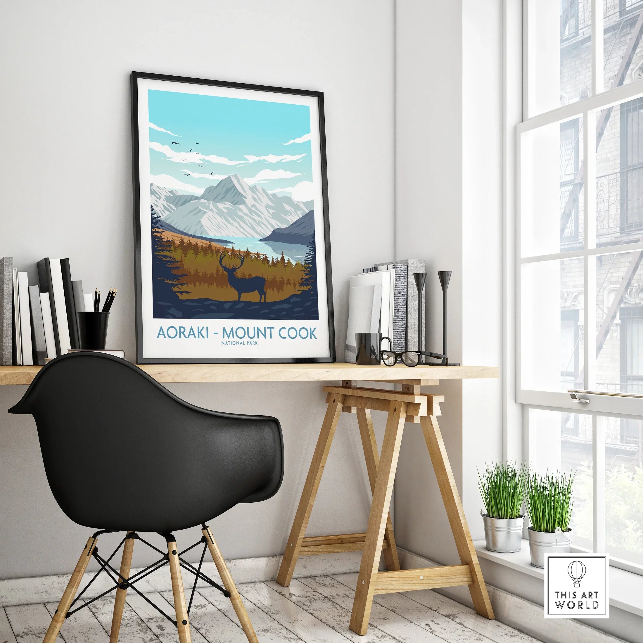 Aoraki Mount Cook travel poster in black frame on modern office desk, minimalist home decor