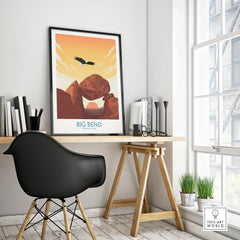 Big Bend National Park travel poster with scenic landscape in black frame on modern office desk
