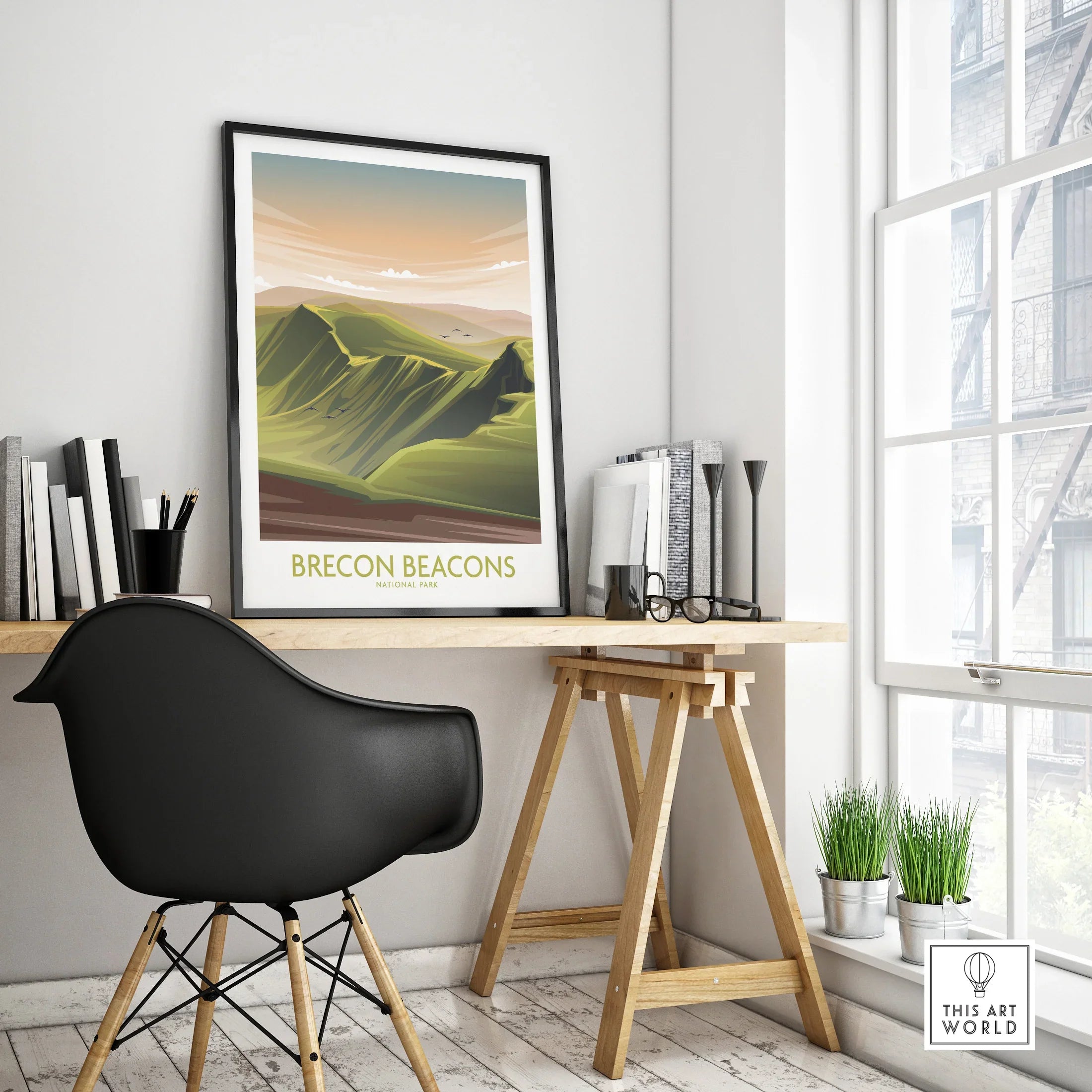 Brecon Beacons National Park travel poster in black frame on modern office desk, home decor art