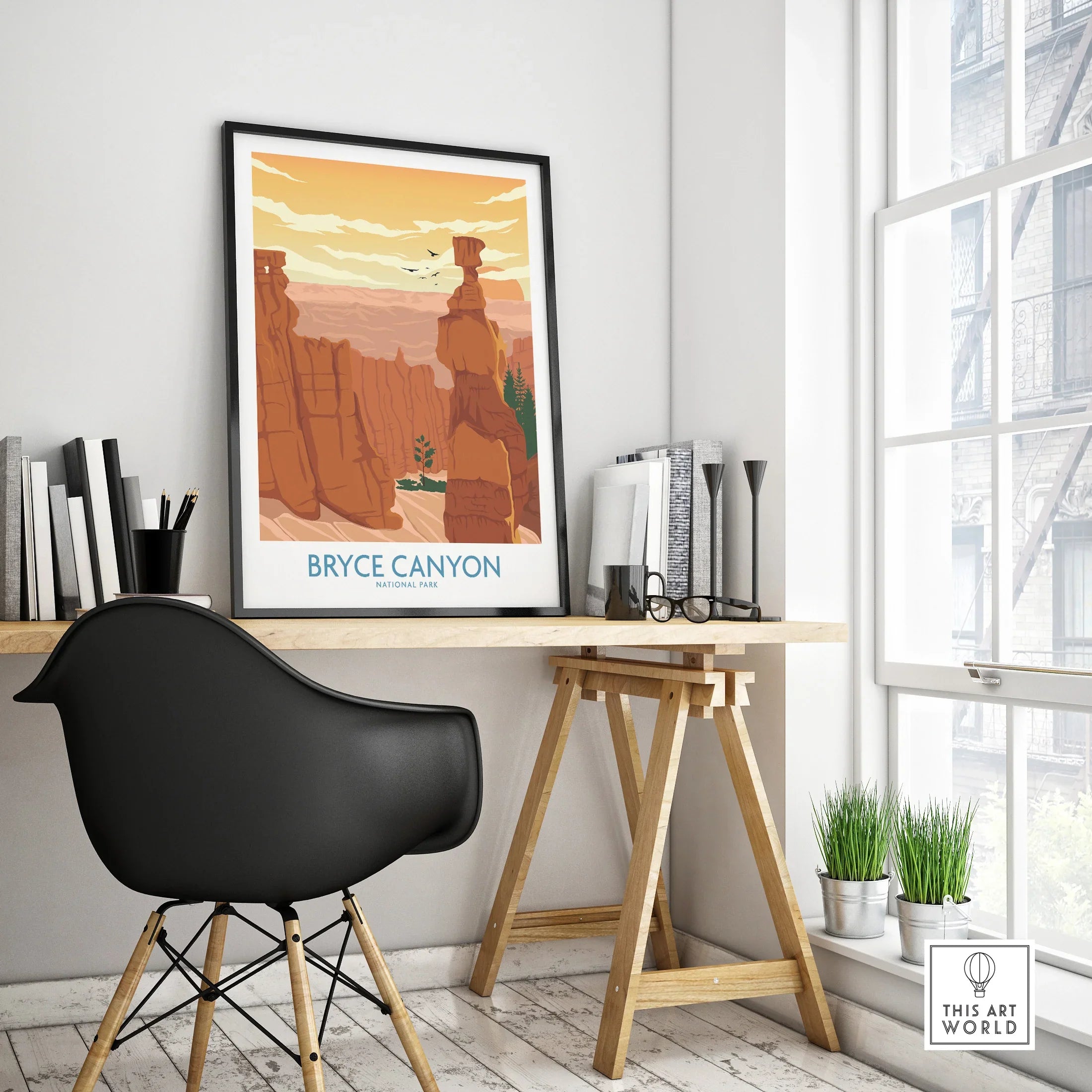Bryce Canyon National Park poster in black frame on modern office desk, natural light, minimalist decor