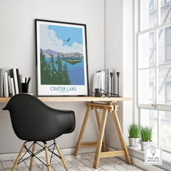 Crater Lake National Park travel poster with black frame on a modern office desk