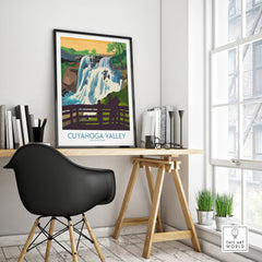 Framed Cuyahoga Valley National Park travel poster on modern office desk with black chair