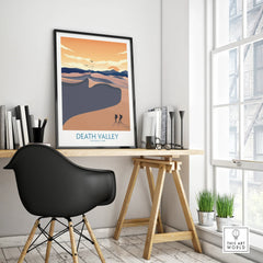 Framed Death Valley National Park travel poster on modern office desk, minimalist decor